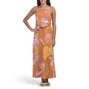 Caroline Constas Orange Floral Halter Dress Linen Blend Size Medium NWT